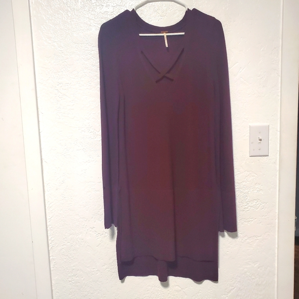 Free People Criss Cross High Low Maroon Brown Tunic Sweater Bell Sleeve Size M